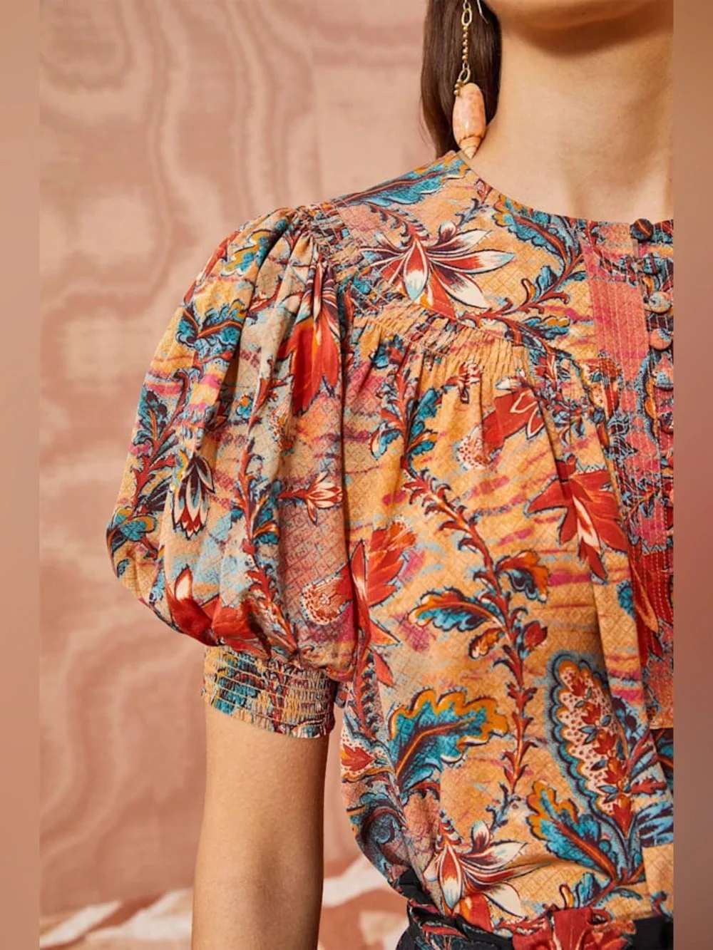 ULLA JOHNSON Dina Top in‎ Coral Bloom Size 2 Puff Sleeve Bib Collar 100% Silk